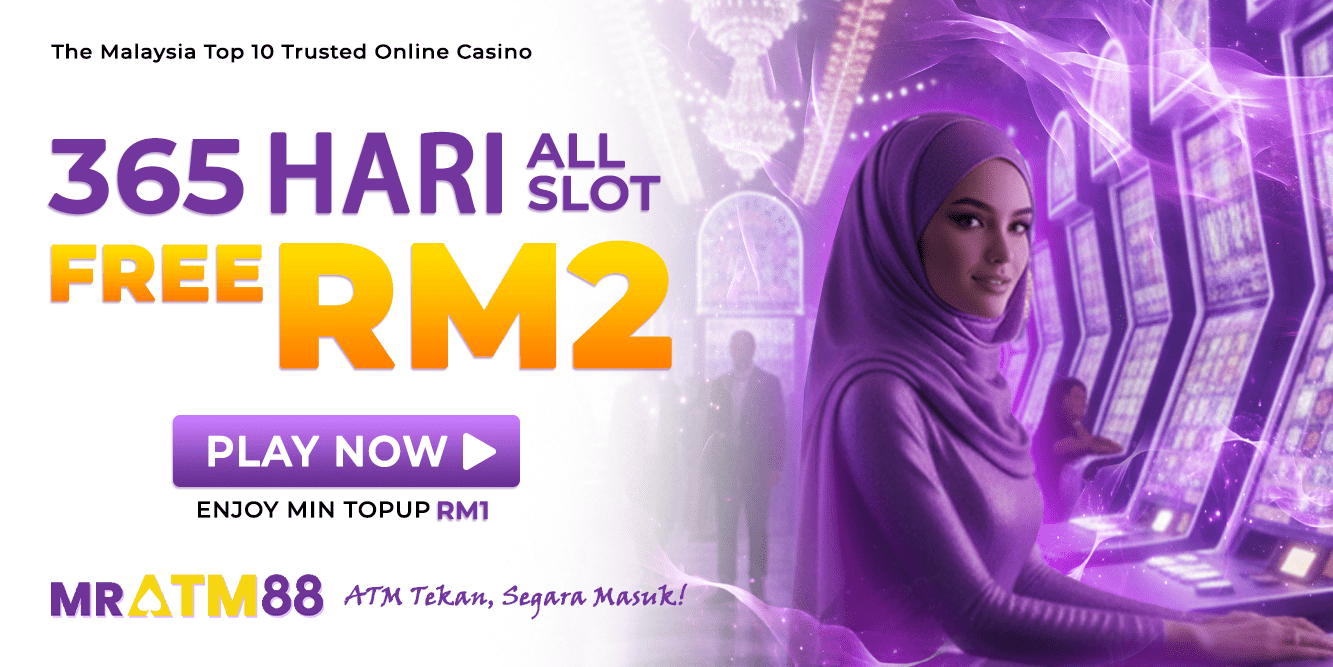 Daily promotion banner advertising free RM2 credit for 365 days across all slots