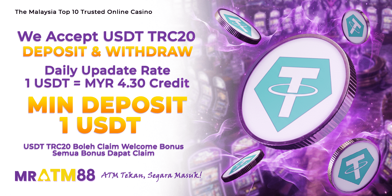 Promotional graphic outlining USDT TRC20 deposit and withdrawal terms with daily rates for MRATM88 players - mratm88web.my
