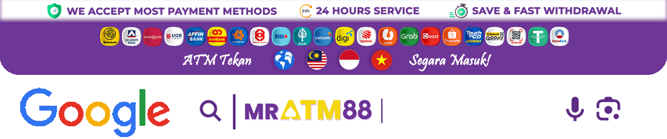 Payment methods banner displaying supported Malaysian bank logos, e-wallets, and 24-hour withdrawal options